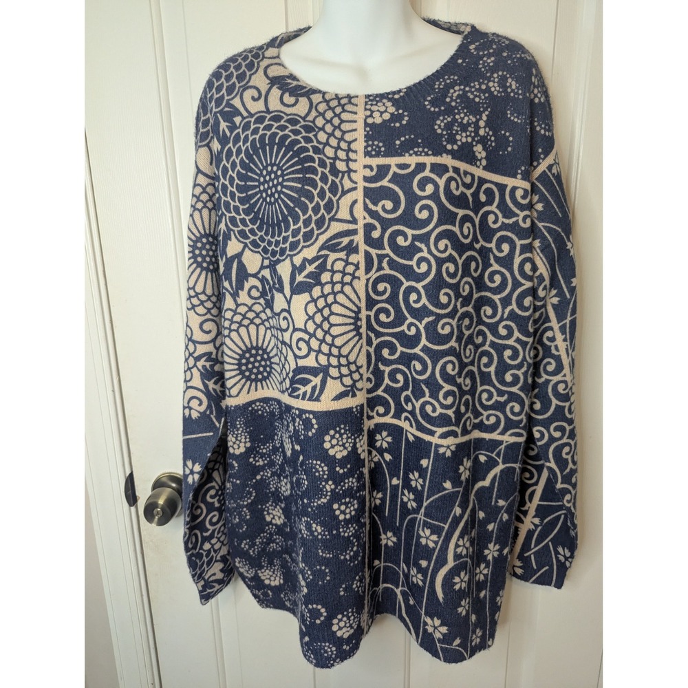 Navy Blue Cream Floral Patchwork Cotton Wool Blend Sweater XL Womens Long Sleeve